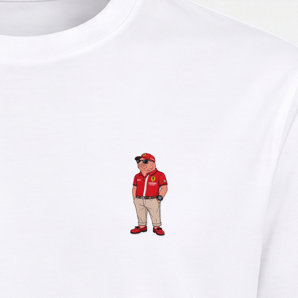 Ferrari Lachs – Stickdetail Nahaufnahme Weiß