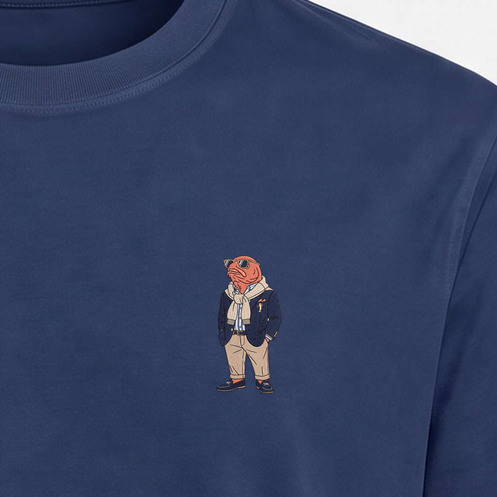 OG Lachs – Stickdetail Nahaufnahme Navy