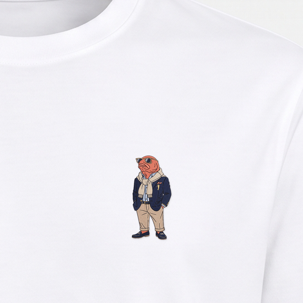 OG Lachs – Stickdetail Nahaufnahme Weiß